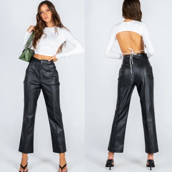 Princess Polly Black Faux Leather Cropped Ankle High Rise Pants - Picture 1 of 11